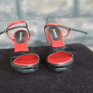 Black and red satin sandals